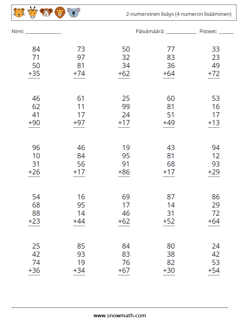 (25) 2-numeroinen lisäys (4 numeron lisääminen) Matematiikan laskentataulukot 8