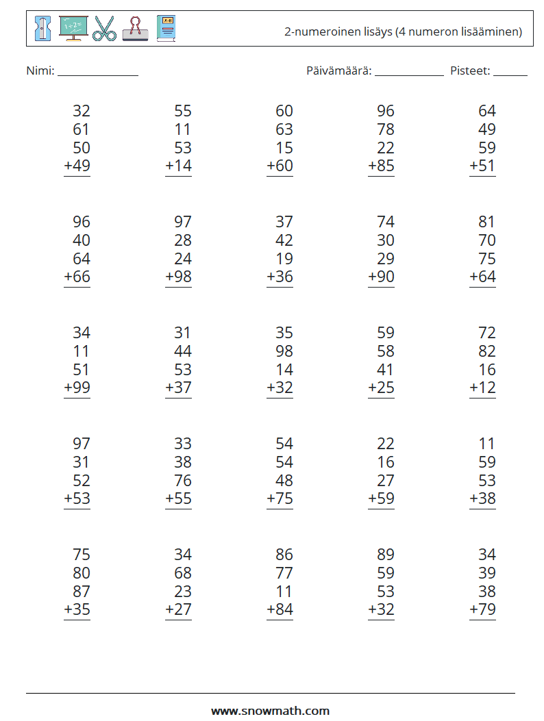 (25) 2-numeroinen lisäys (4 numeron lisääminen) Matematiikan laskentataulukot 9