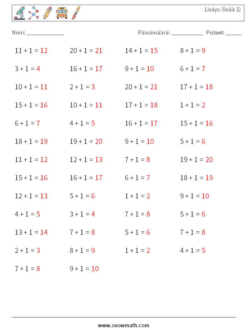 (50) Lisäys (lisää 1) Matematiikan laskentataulukot 8 Kysymys, vastaus