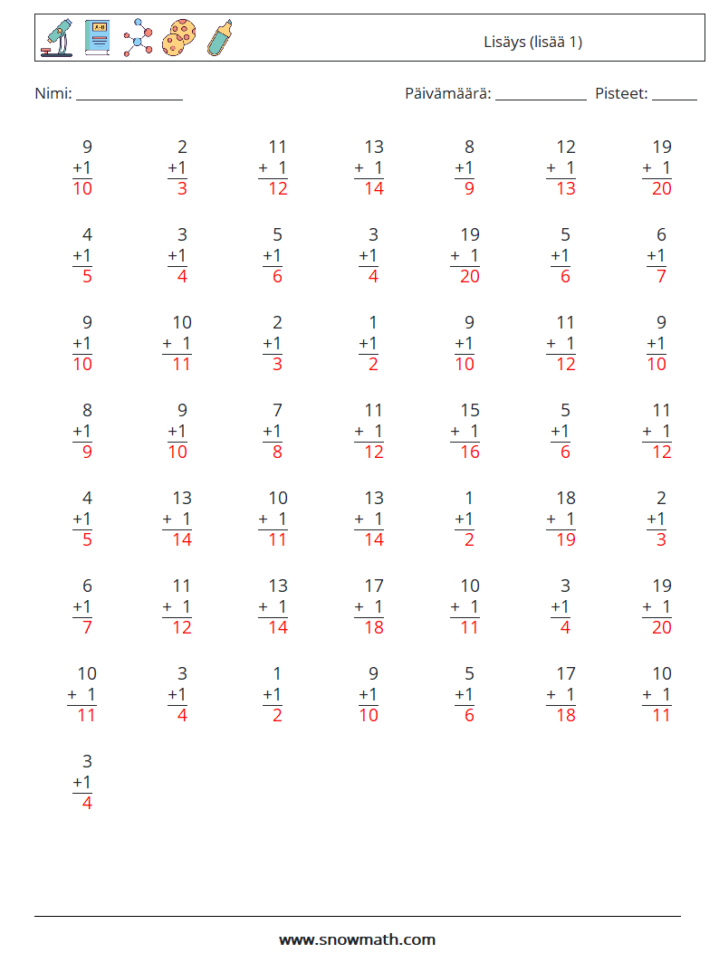 (50) Lisäys (lisää 1) Matematiikan laskentataulukot 12 Kysymys, vastaus