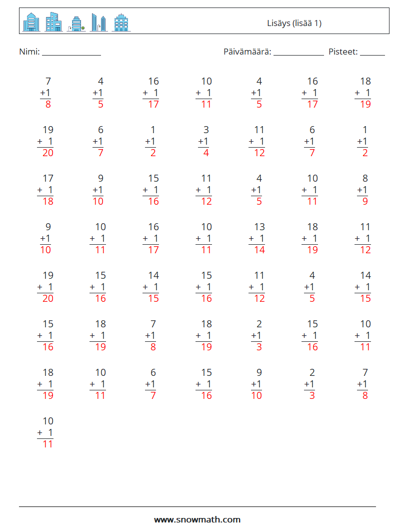 (50) Lisäys (lisää 1) Matematiikan laskentataulukot 15 Kysymys, vastaus