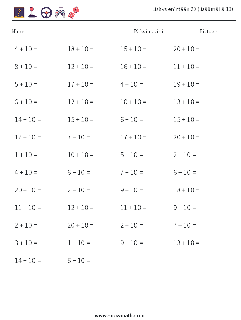 (50) Lisäys enintään 20 (lisäämällä 10) Matematiikan laskentataulukot 1