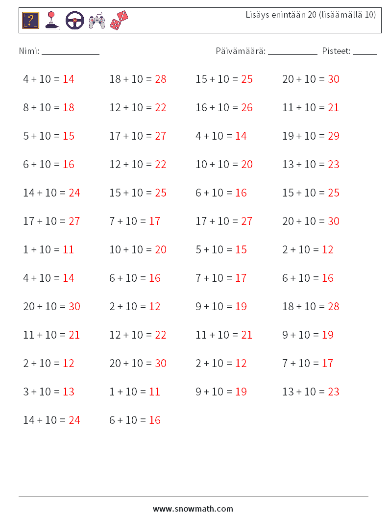 (50) Lisäys enintään 20 (lisäämällä 10) Matematiikan laskentataulukot 1 Kysymys, vastaus