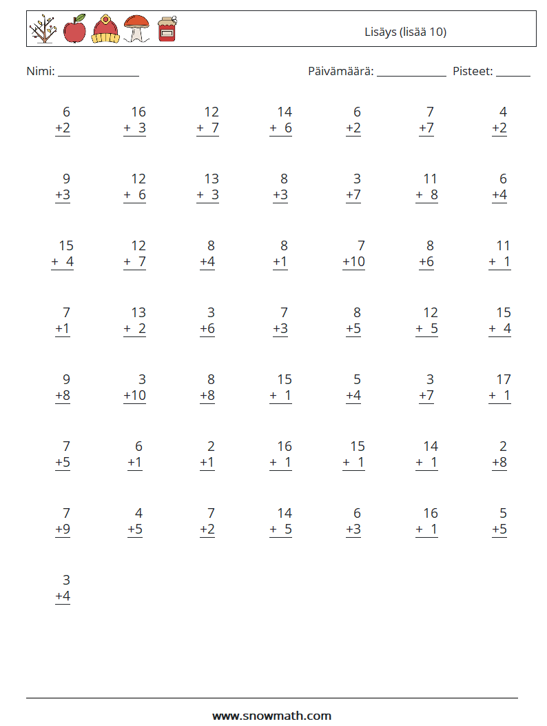 (50) Lisäys (lisää 10) Matematiikan laskentataulukot 10