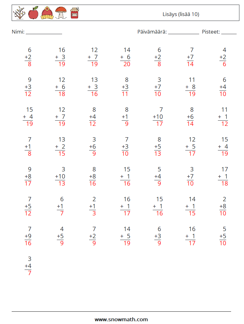 (50) Lisäys (lisää 10) Matematiikan laskentataulukot 10 Kysymys, vastaus