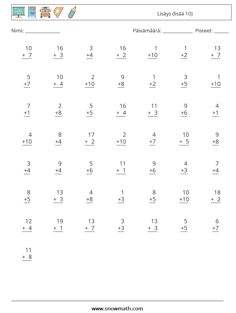 (50) Lisäys (lisää 10) Matematiikan laskentataulukot 11