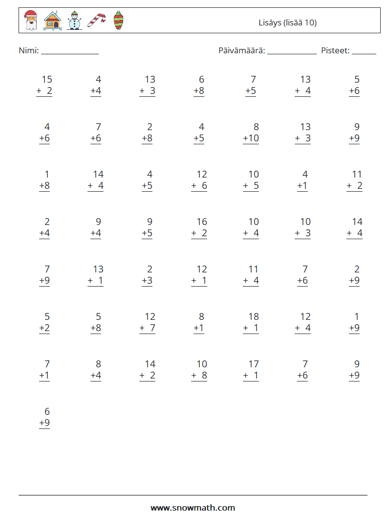 (50) Lisäys (lisää 10) Matematiikan laskentataulukot 12