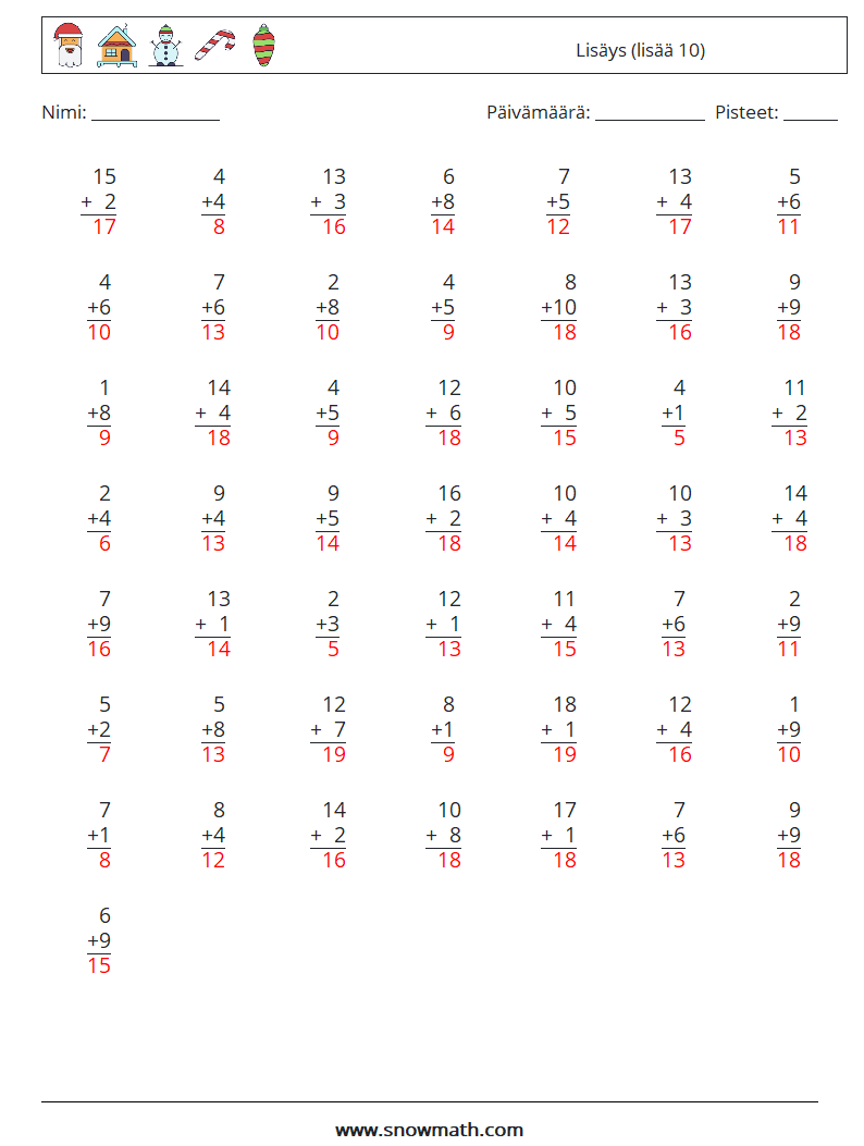 (50) Lisäys (lisää 10) Matematiikan laskentataulukot 12 Kysymys, vastaus