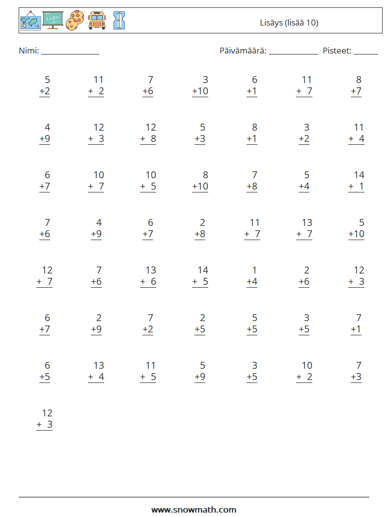 (50) Lisäys (lisää 10) Matematiikan laskentataulukot 13