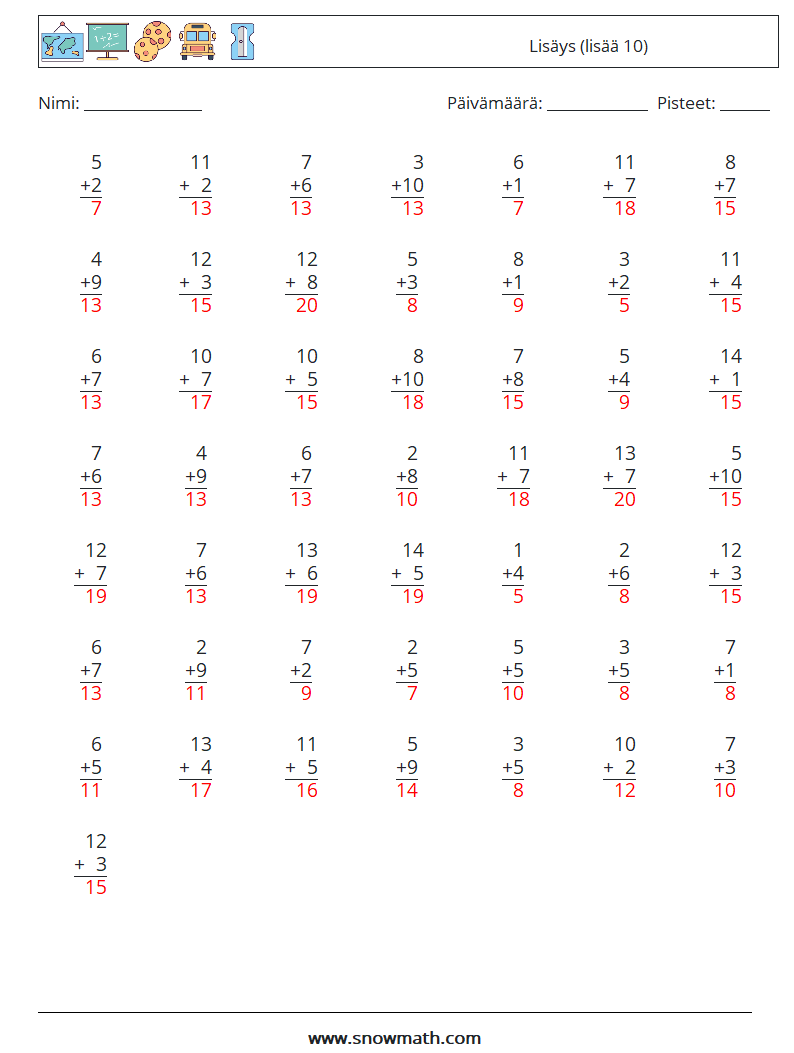 (50) Lisäys (lisää 10) Matematiikan laskentataulukot 13 Kysymys, vastaus