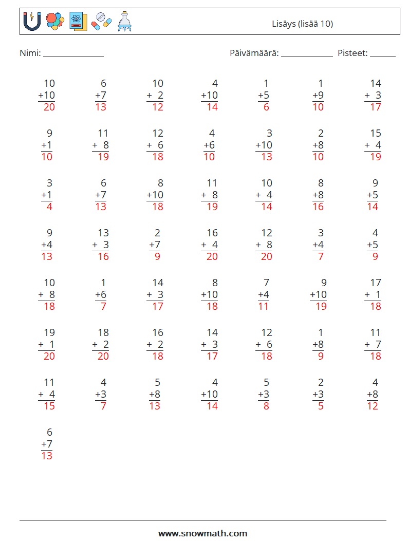 (50) Lisäys (lisää 10) Matematiikan laskentataulukot 17 Kysymys, vastaus