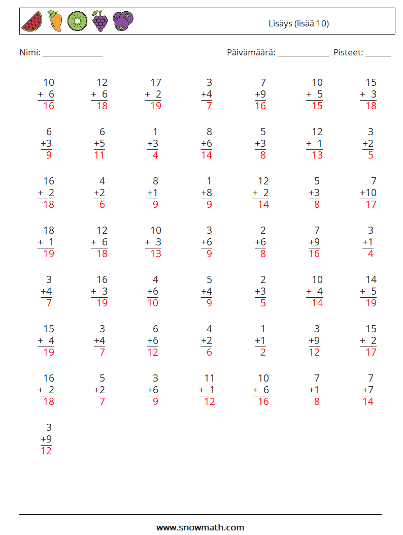 (50) Lisäys (lisää 10) Matematiikan laskentataulukot 1 Kysymys, vastaus