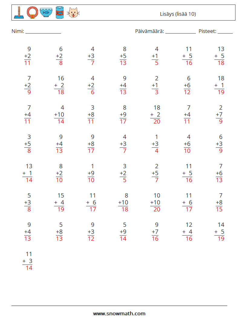 (50) Lisäys (lisää 10) Matematiikan laskentataulukot 2 Kysymys, vastaus