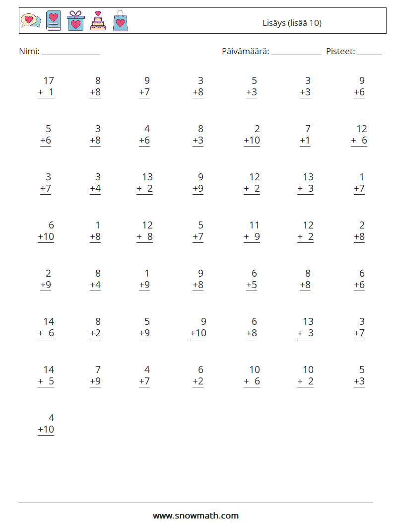 (50) Lisäys (lisää 10) Matematiikan laskentataulukot 3