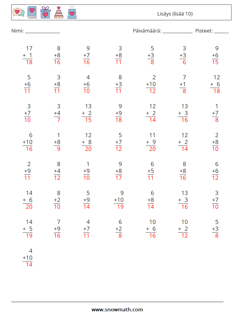 (50) Lisäys (lisää 10) Matematiikan laskentataulukot 3 Kysymys, vastaus