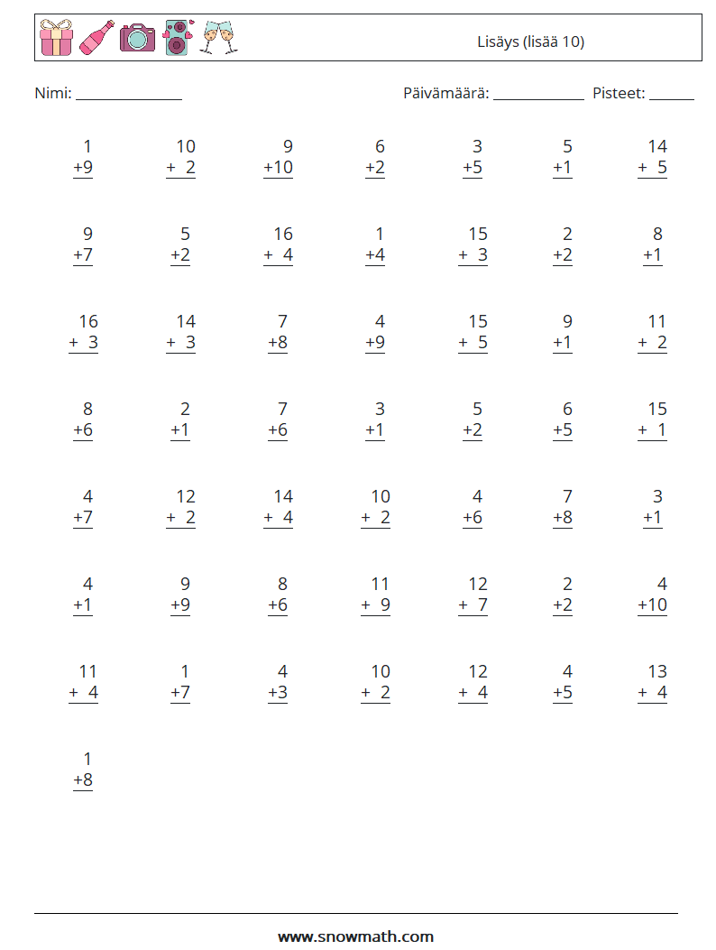 (50) Lisäys (lisää 10) Matematiikan laskentataulukot 4