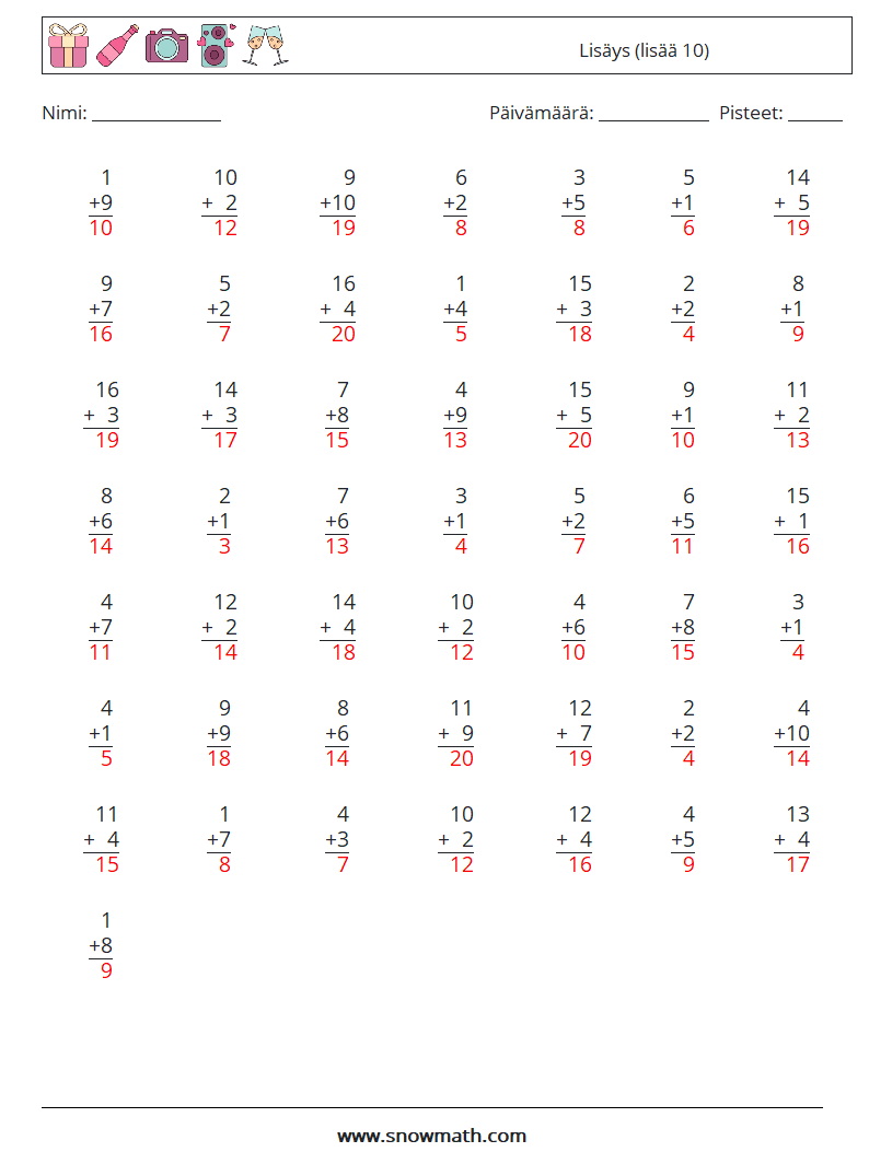 (50) Lisäys (lisää 10) Matematiikan laskentataulukot 4 Kysymys, vastaus