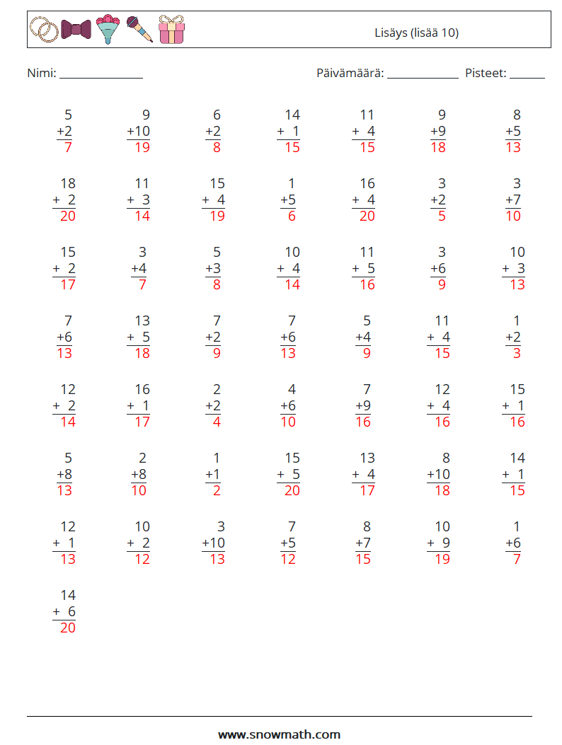 (50) Lisäys (lisää 10) Matematiikan laskentataulukot 5 Kysymys, vastaus