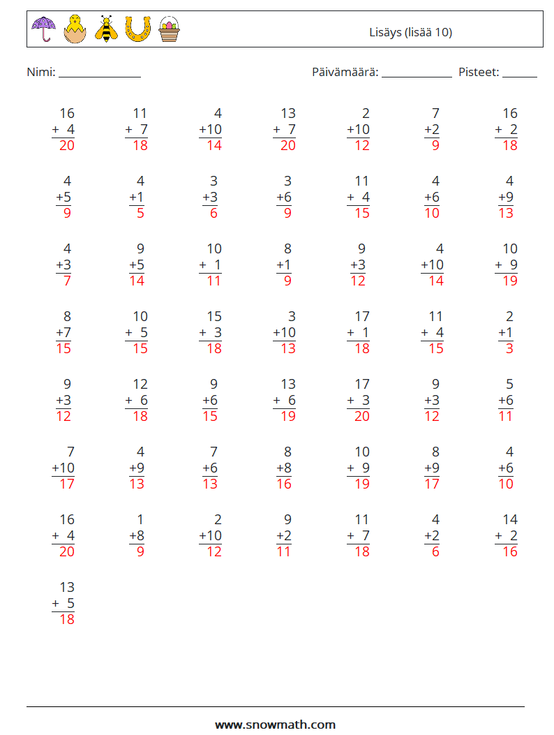 (50) Lisäys (lisää 10) Matematiikan laskentataulukot 6 Kysymys, vastaus