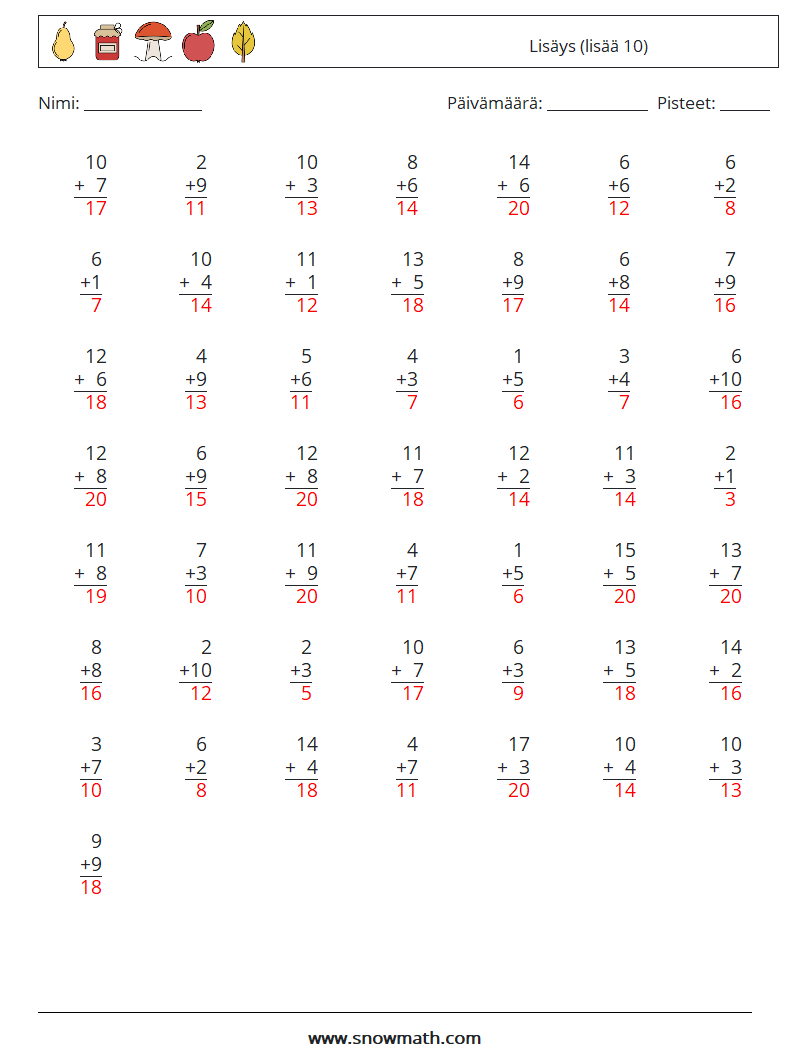 (50) Lisäys (lisää 10) Matematiikan laskentataulukot 7 Kysymys, vastaus