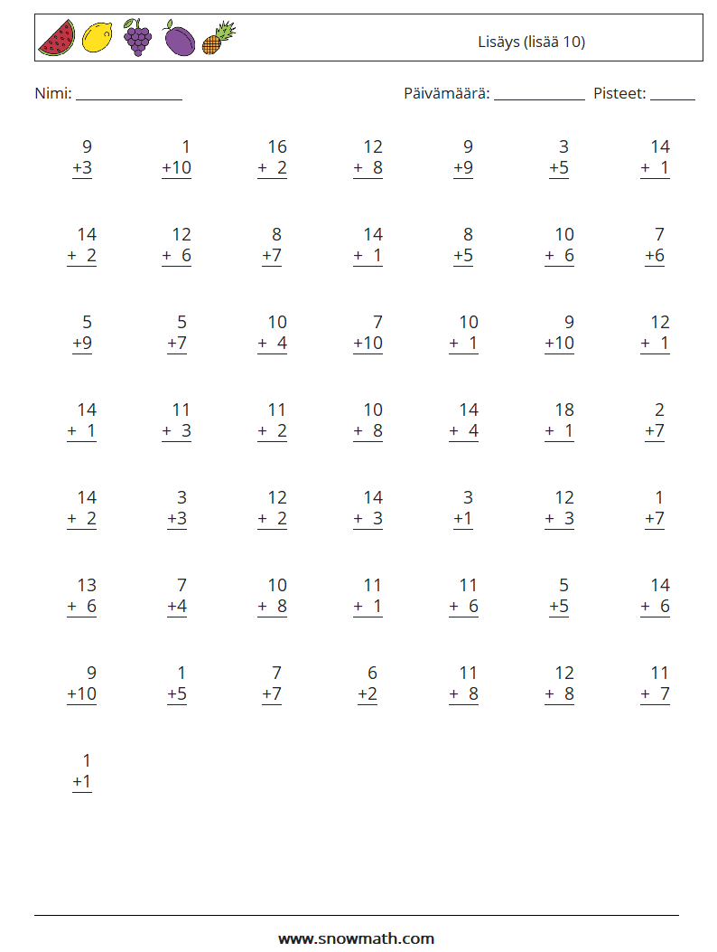 (50) Lisäys (lisää 10) Matematiikan laskentataulukot 8