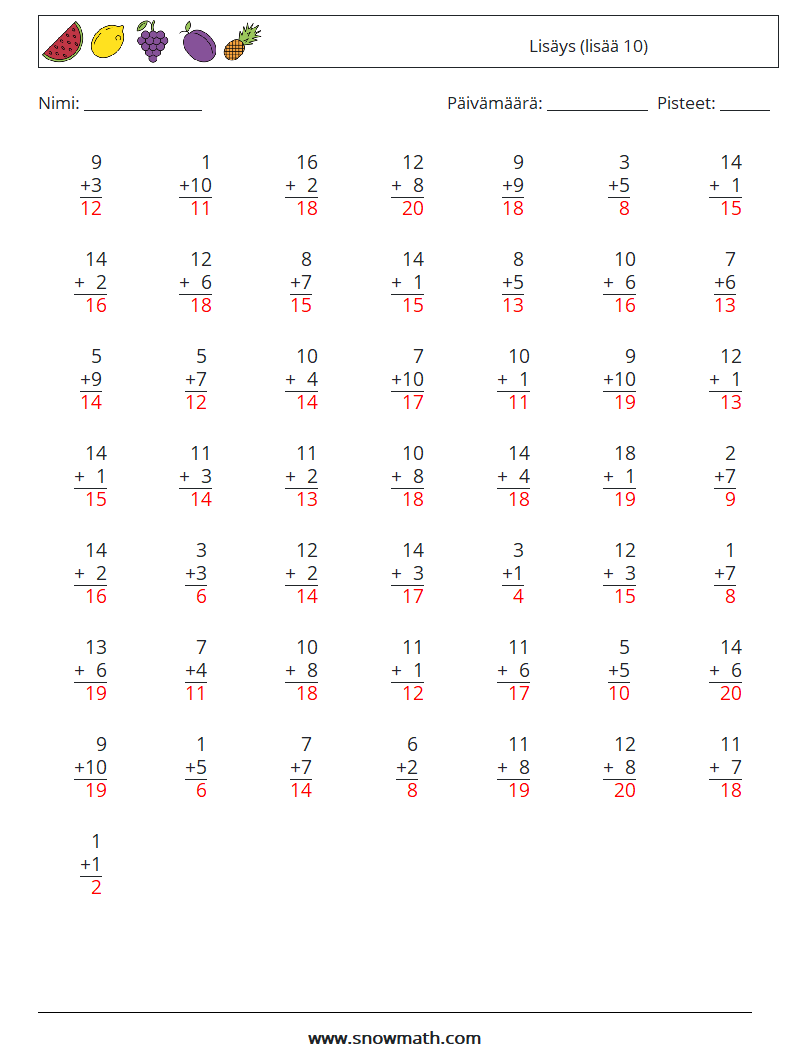 (50) Lisäys (lisää 10) Matematiikan laskentataulukot 8 Kysymys, vastaus