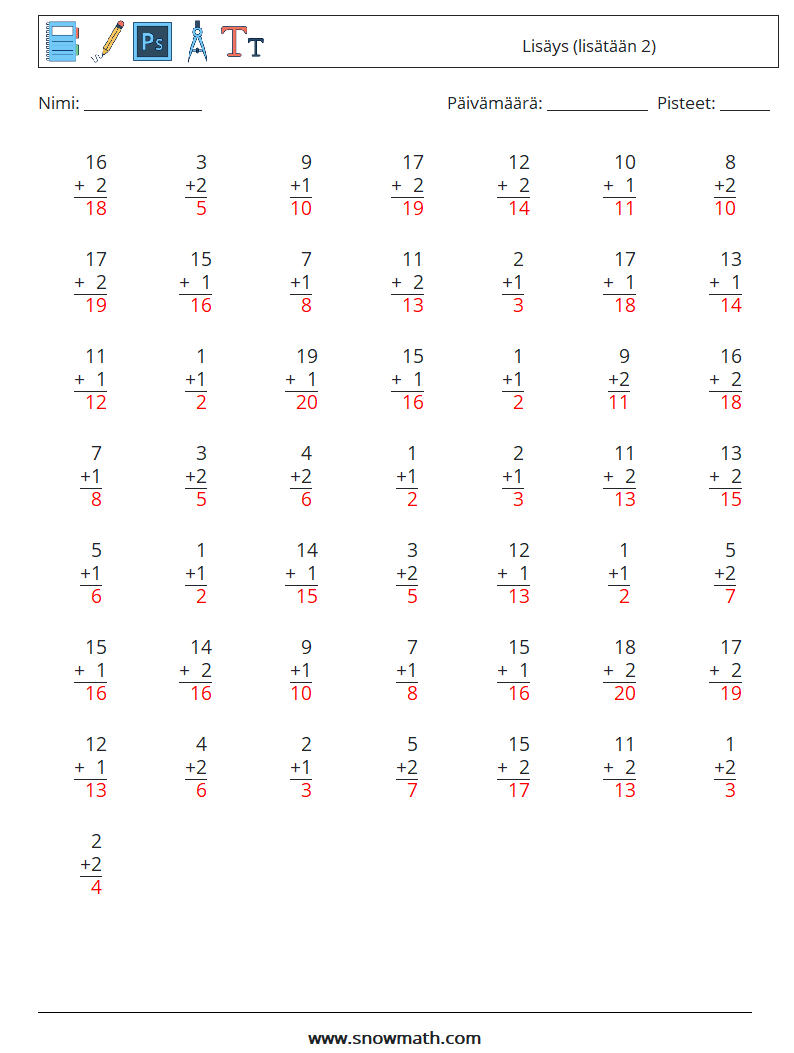 (50) Lisäys (lisätään 2) Matematiikan laskentataulukot 10 Kysymys, vastaus