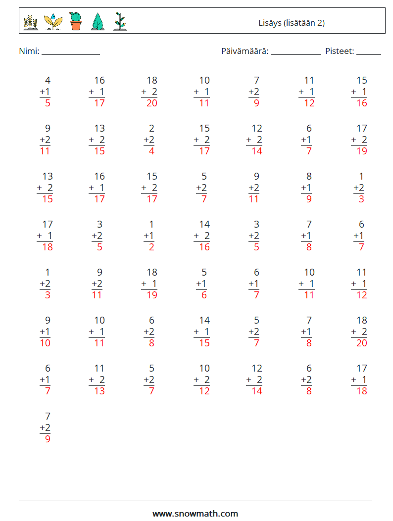 (50) Lisäys (lisätään 2) Matematiikan laskentataulukot 13 Kysymys, vastaus