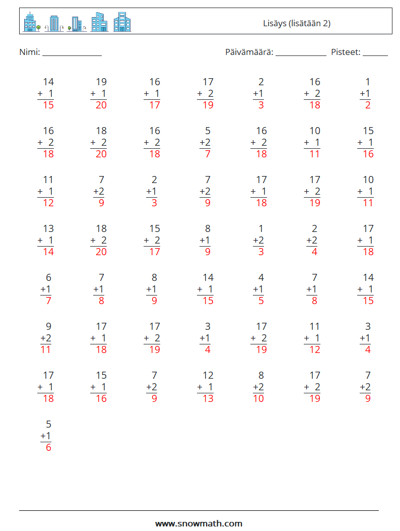 (50) Lisäys (lisätään 2) Matematiikan laskentataulukot 18 Kysymys, vastaus