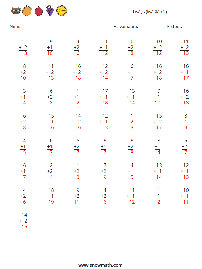 (50) Lisäys (lisätään 2) Matematiikan laskentataulukot 5 Kysymys, vastaus