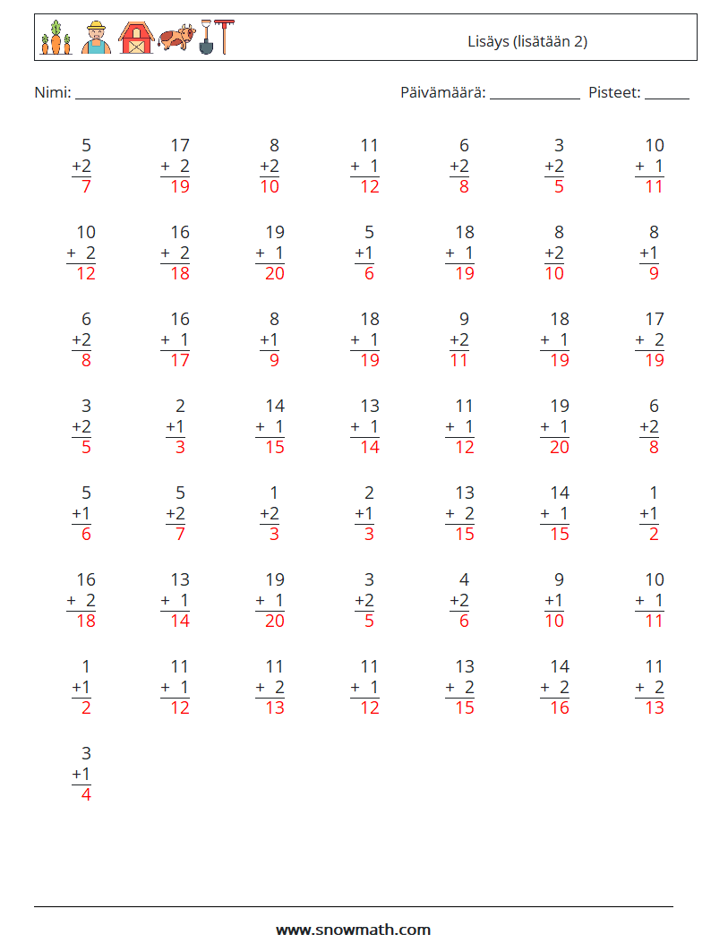 (50) Lisäys (lisätään 2) Matematiikan laskentataulukot 9 Kysymys, vastaus