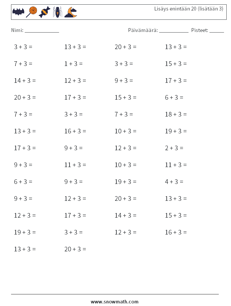 (50) Lisäys enintään 20 (lisätään 3) Matematiikan laskentataulukot 5