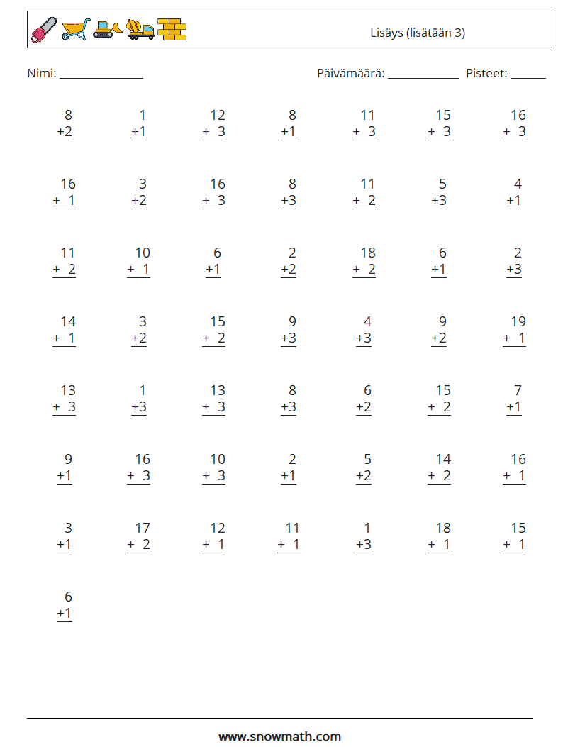 (50) Lisäys (lisätään 3) Matematiikan laskentataulukot 12