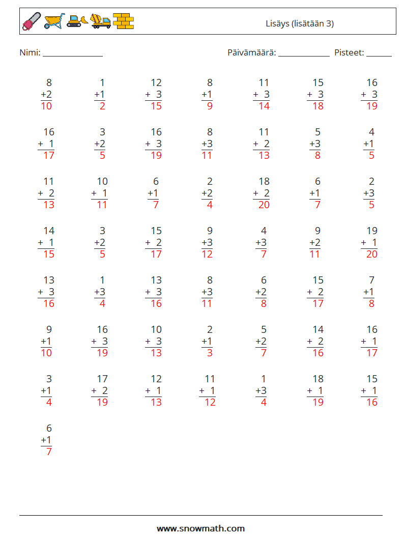 (50) Lisäys (lisätään 3) Matematiikan laskentataulukot 12 Kysymys, vastaus