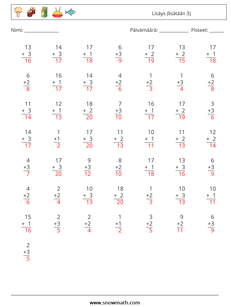 (50) Lisäys (lisätään 3) Matematiikan laskentataulukot 16 Kysymys, vastaus