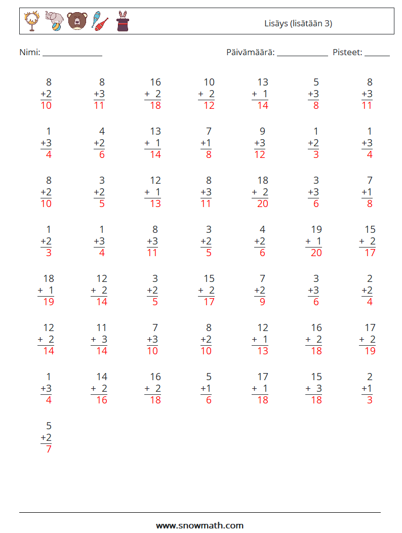 (50) Lisäys (lisätään 3) Matematiikan laskentataulukot 17 Kysymys, vastaus