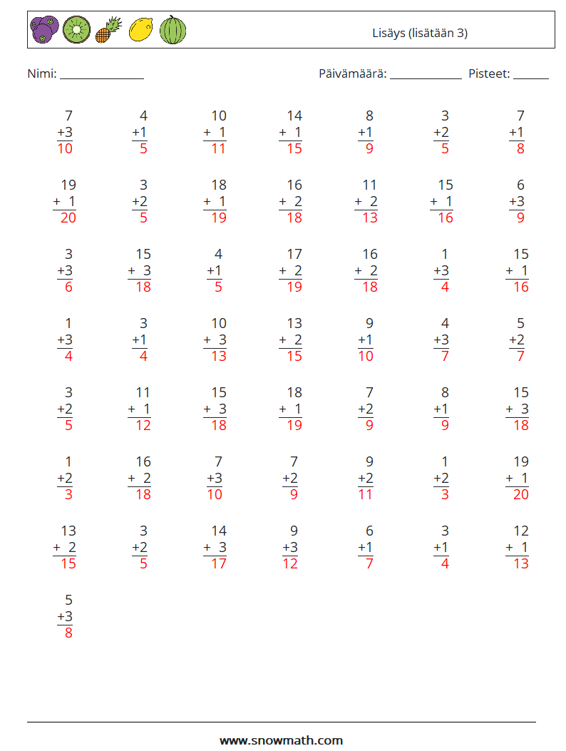 (50) Lisäys (lisätään 3) Matematiikan laskentataulukot 1 Kysymys, vastaus