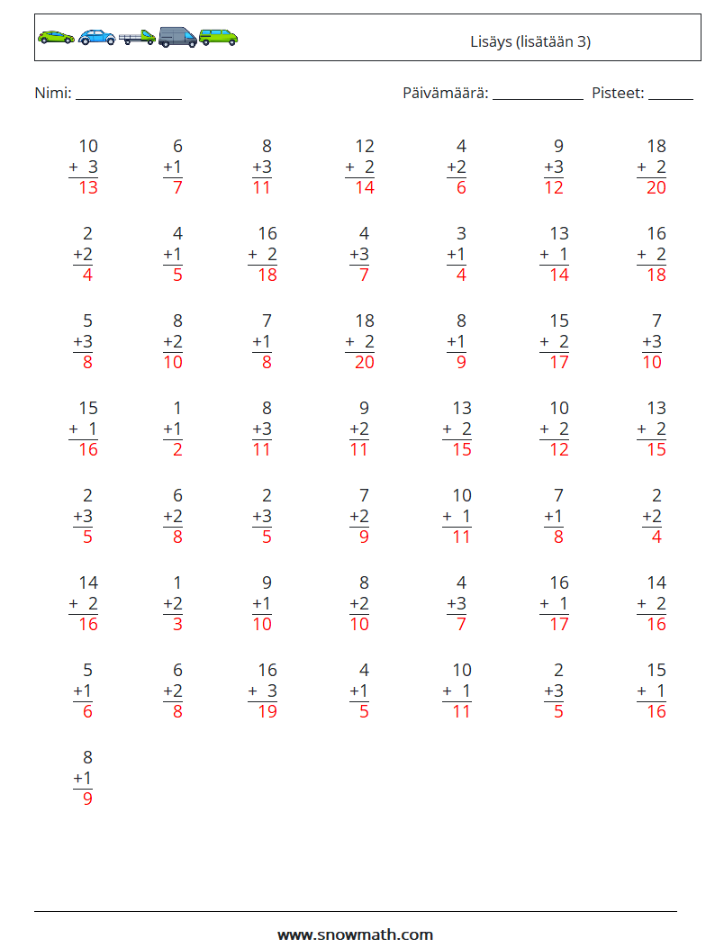 (50) Lisäys (lisätään 3) Matematiikan laskentataulukot 4 Kysymys, vastaus