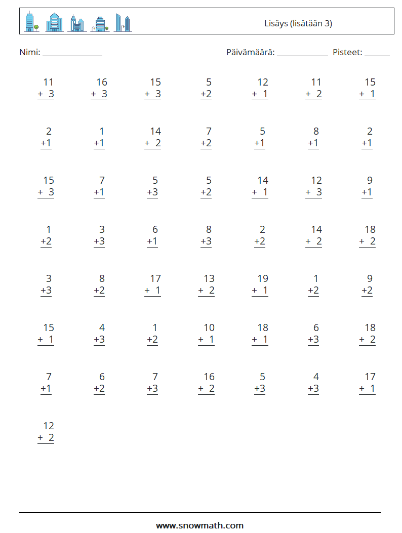 (50) Lisäys (lisätään 3) Matematiikan laskentataulukot 5