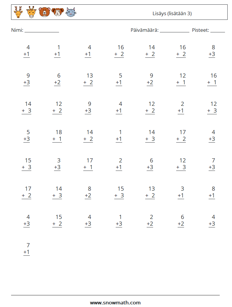 (50) Lisäys (lisätään 3) Matematiikan laskentataulukot 7