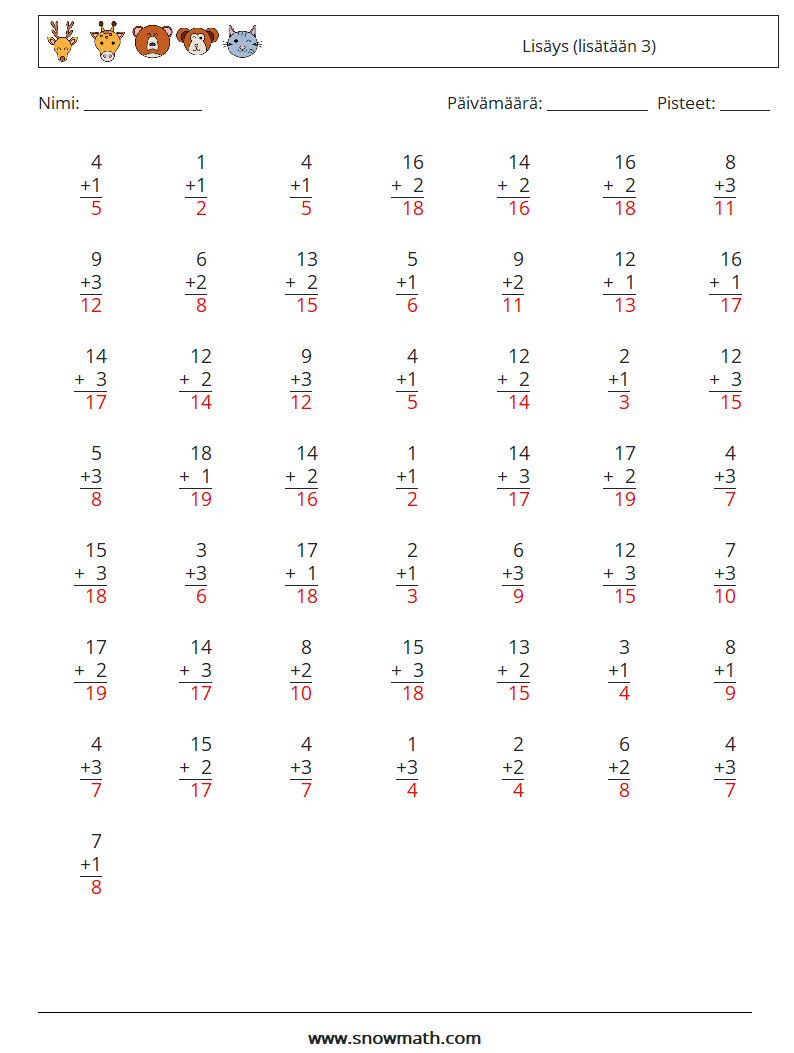 (50) Lisäys (lisätään 3) Matematiikan laskentataulukot 7 Kysymys, vastaus