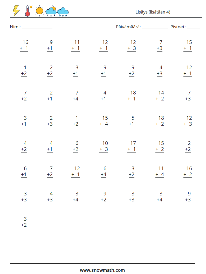 (50) Lisäys (lisätään 4) Matematiikan laskentataulukot 1