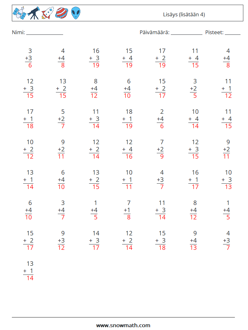 (50) Lisäys (lisätään 4) Matematiikan laskentataulukot 10 Kysymys, vastaus