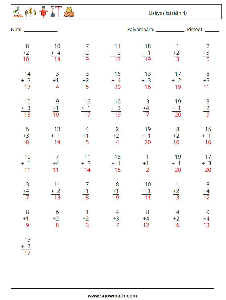 (50) Lisäys (lisätään 4) Matematiikan laskentataulukot 11 Kysymys, vastaus