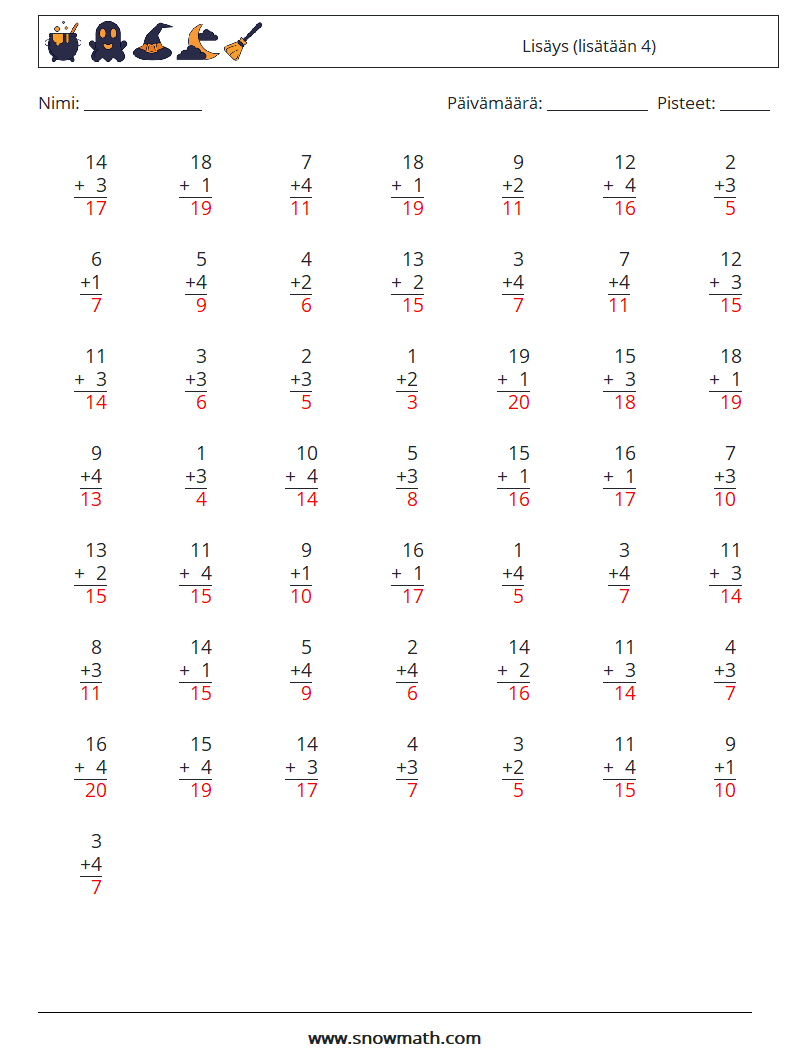 (50) Lisäys (lisätään 4) Matematiikan laskentataulukot 12 Kysymys, vastaus