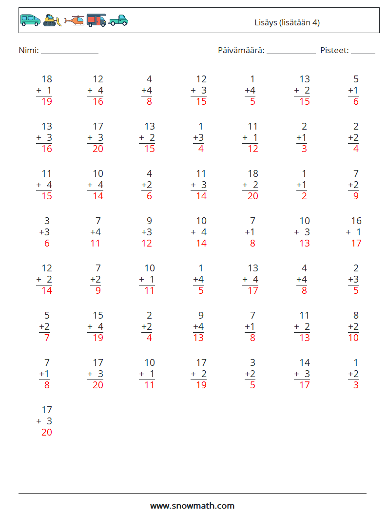 (50) Lisäys (lisätään 4) Matematiikan laskentataulukot 14 Kysymys, vastaus