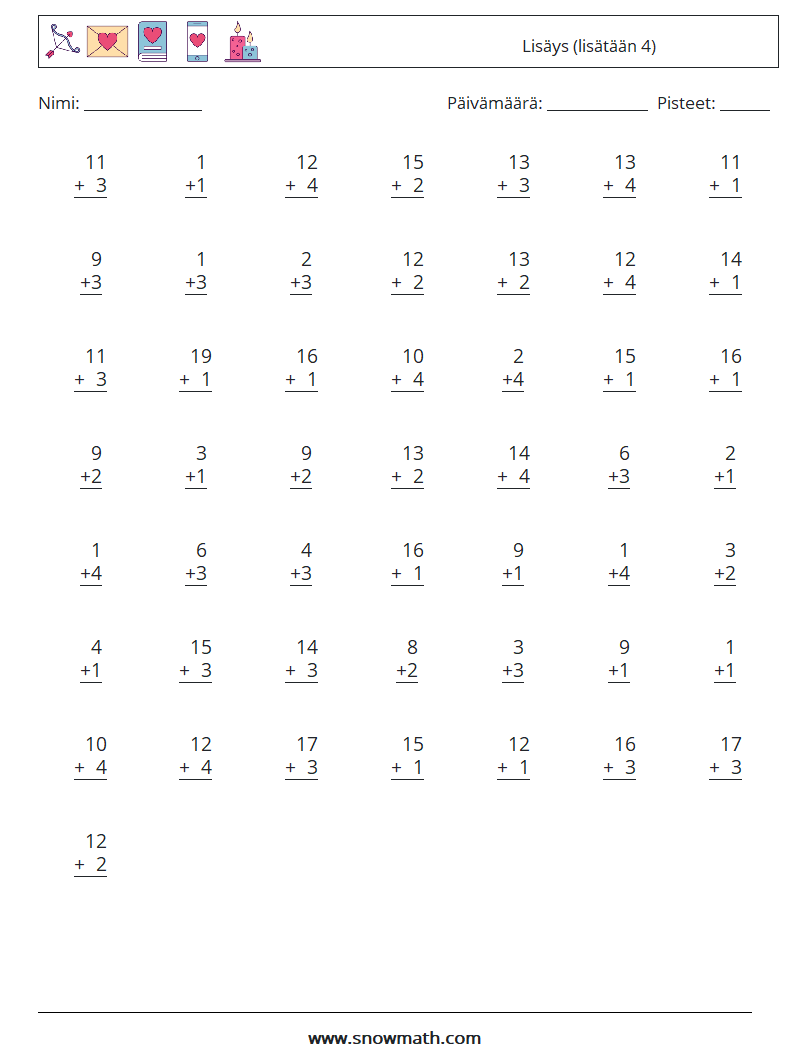 (50) Lisäys (lisätään 4) Matematiikan laskentataulukot 15