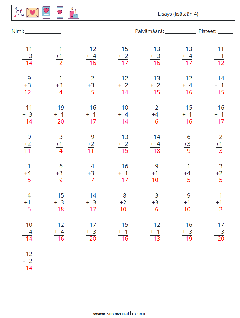 (50) Lisäys (lisätään 4) Matematiikan laskentataulukot 15 Kysymys, vastaus