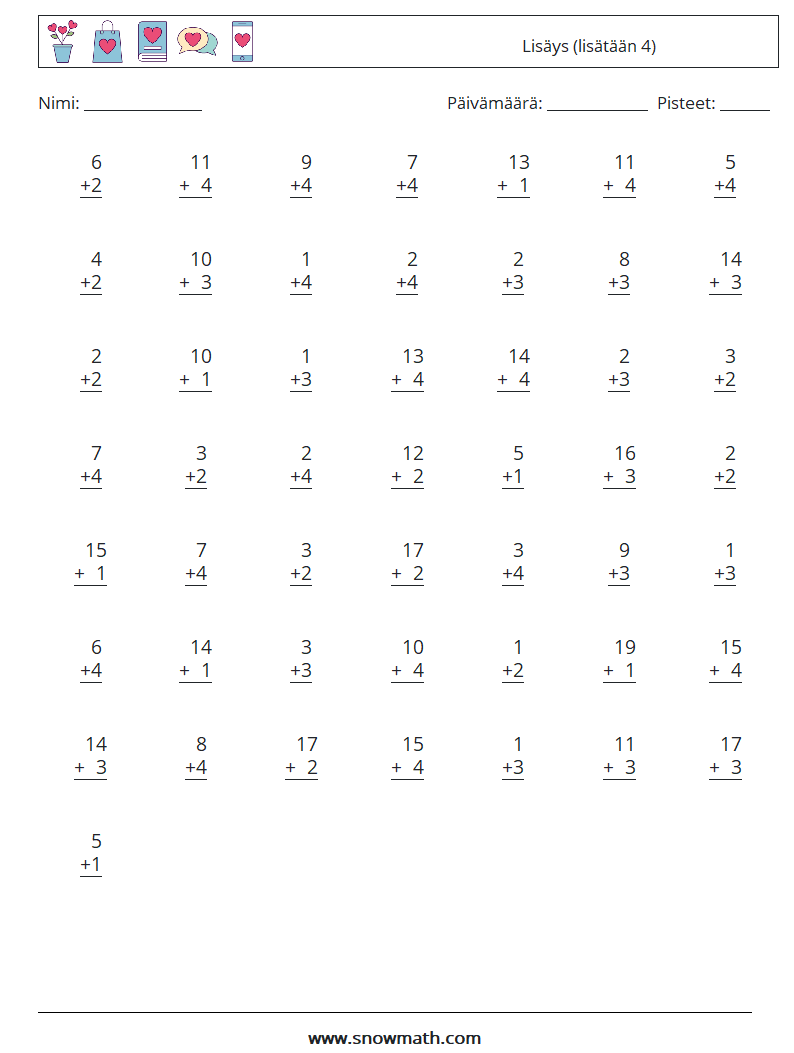 (50) Lisäys (lisätään 4) Matematiikan laskentataulukot 16