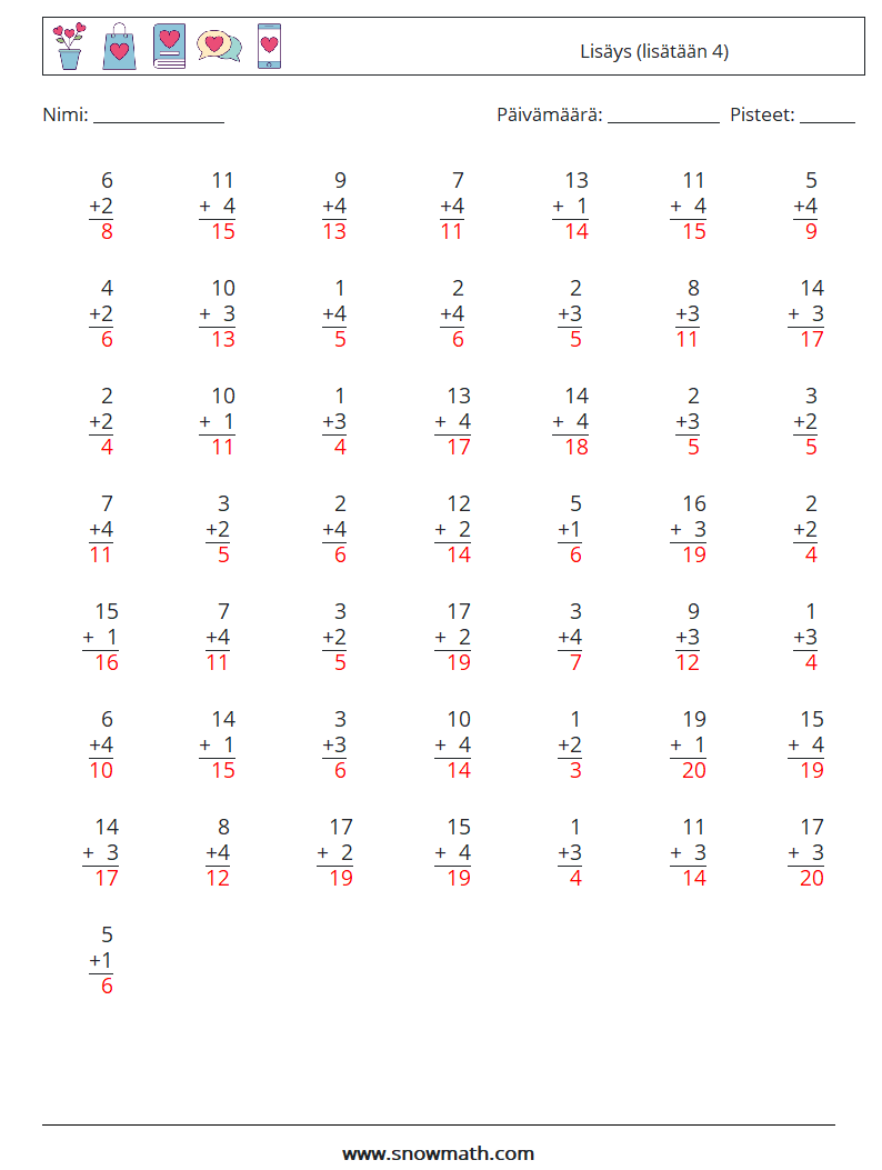 (50) Lisäys (lisätään 4) Matematiikan laskentataulukot 16 Kysymys, vastaus